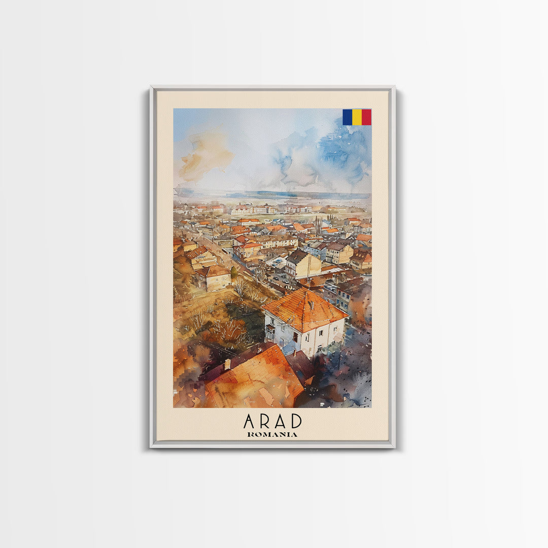 Serene Arad Cityscape, Framed Canvas Print, Ideal for Bedroom Art, Travel Poster, Rustic Home Decoration, Watercolor Art