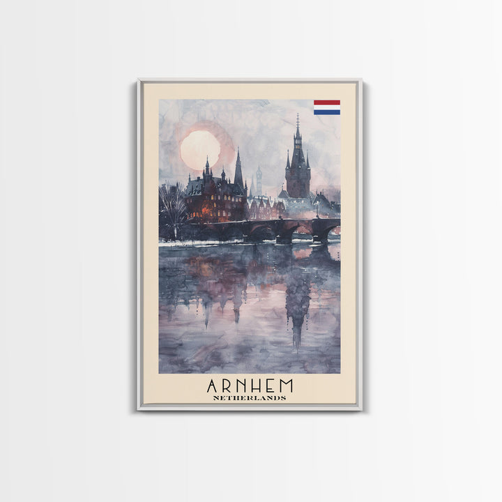 Arnhem Netherlands Travel Poster Framed Canvas Print, Wall Art, Home Decor, Vacation Print, Watercolor Painting, Cityscape Art