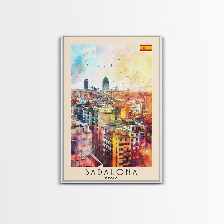 Badalona Spain Travel Poster Framed Canvas Print, Wall Art, Home Decor, Travel Print, Watercolor Painting, Urban Cityscape, Original Art