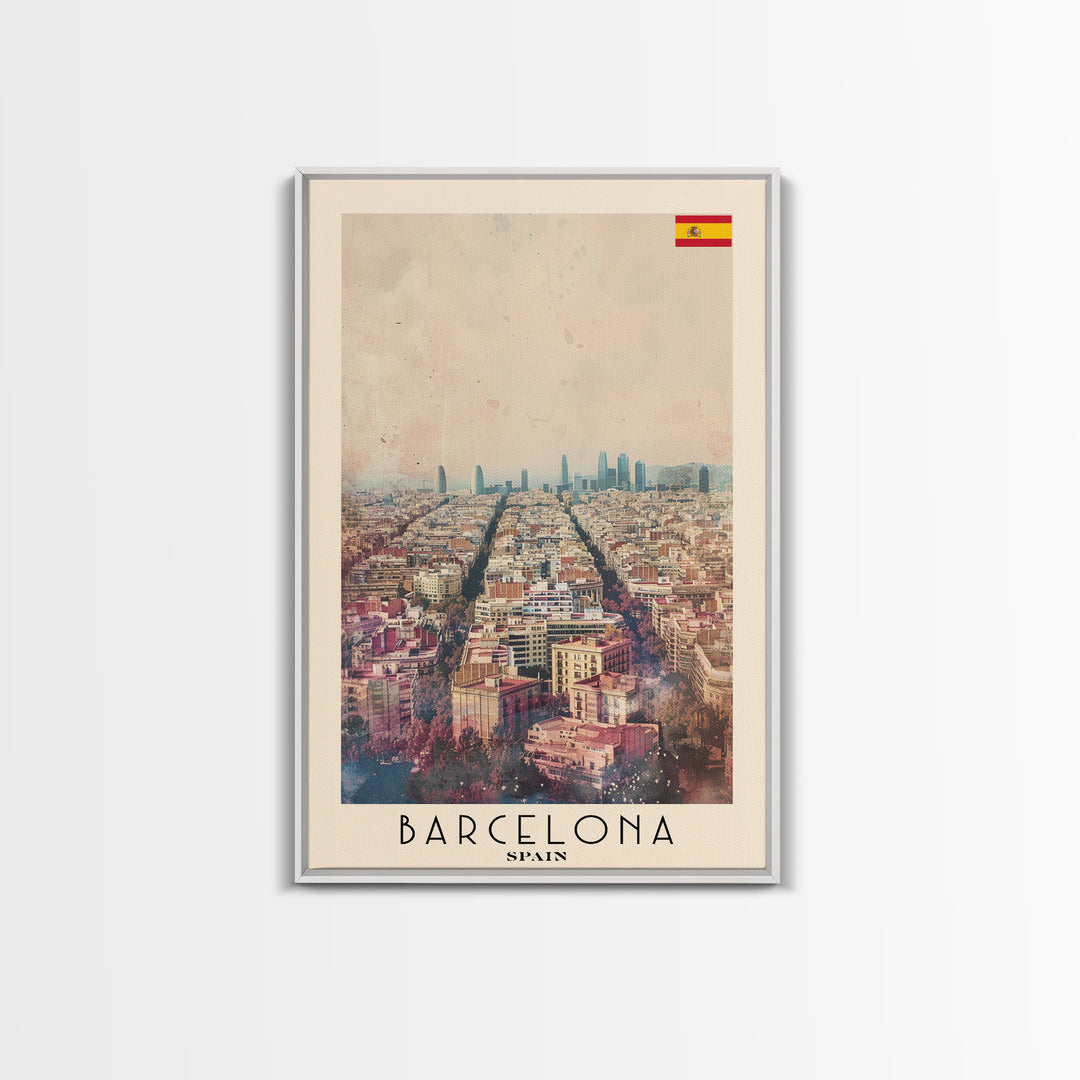Barcelona Spain Travel Poster Framed Canvas Print, Wall Art, Home Decor, Travel Print, Watercolor Painting, Urban Scene, Vibrant Colors