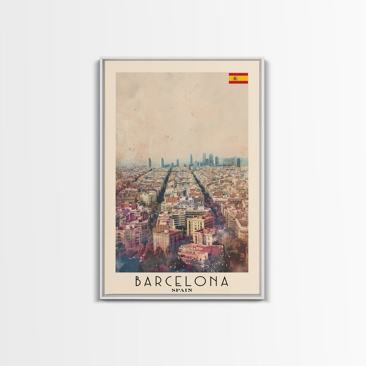 Barcelona Spain Travel Poster Framed Canvas Print, Wall Art, Home Decor, Travel Print, Watercolor Painting, Urban Scene, Vibrant Colors