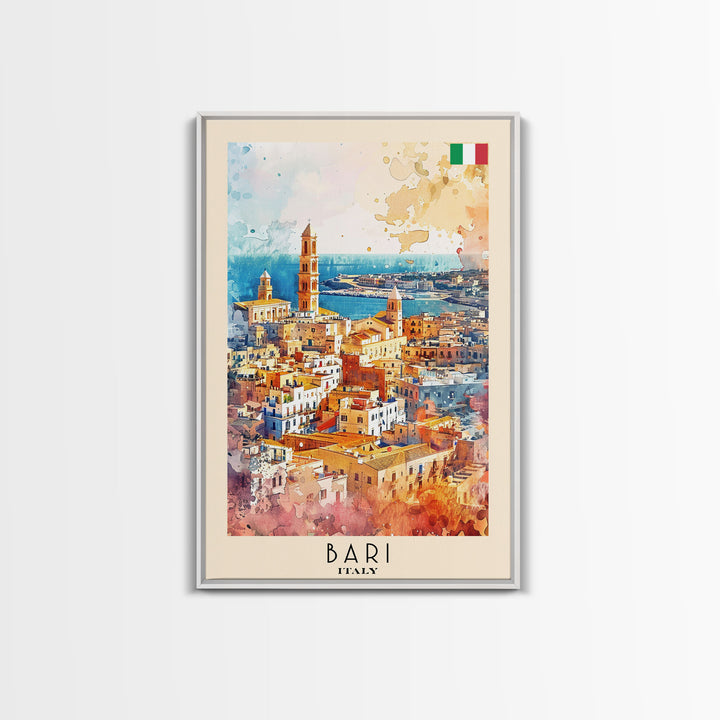 Bari Italy Travel Poster Framed Canvas Print, Wall Art, Home Decor, Watercolor Painting, Vacation Gift, Minimalist Art