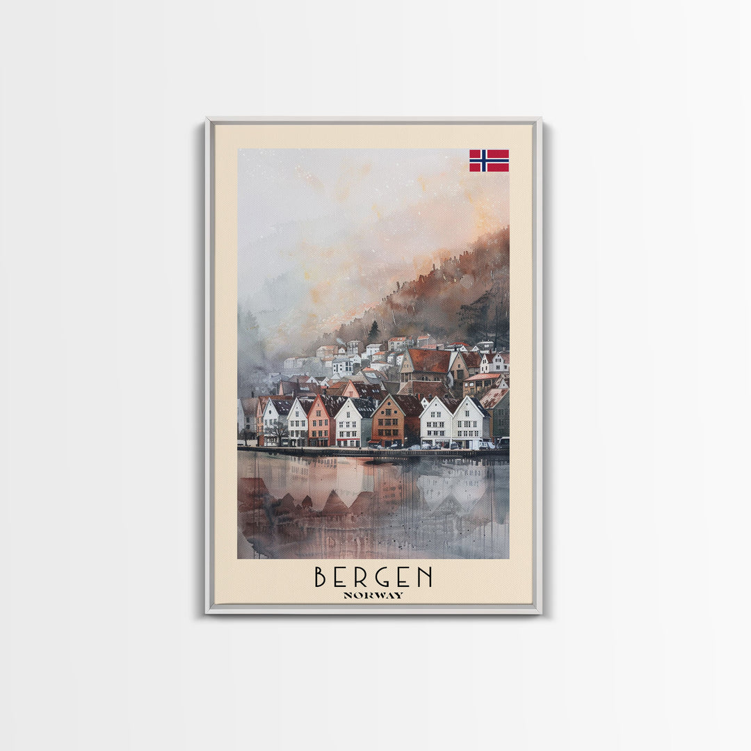 Bergen Norway Travel Poster Framed Canvas Print, Watercolor Painting, Wall Art, Home Decor, Boho Art, Scenic Travel Print