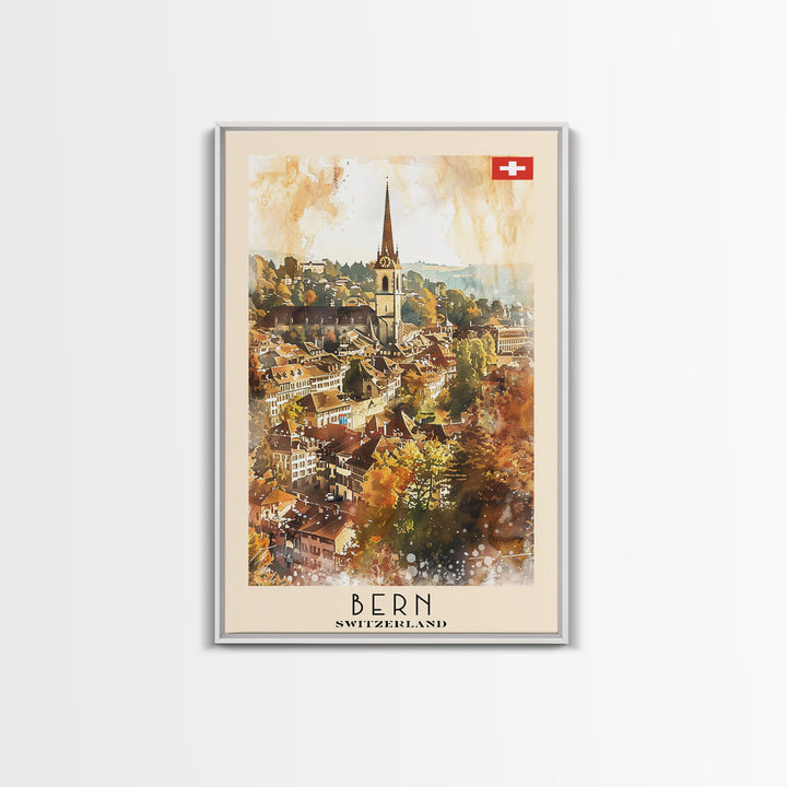 Bern Switzerland Travel Poster Framed Canvas Print, Watercolor Painting, Wall Art, Home Decor, Travel Print, Scenic Art, Original