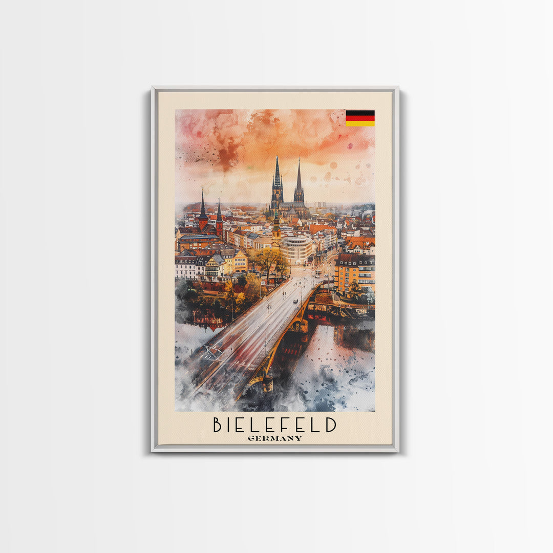 Bielefeld Germany Travel Poster Framed Canvas Print, Watercolor Art, Home Decor, Wall Art, Travel Print, Cityscape Art