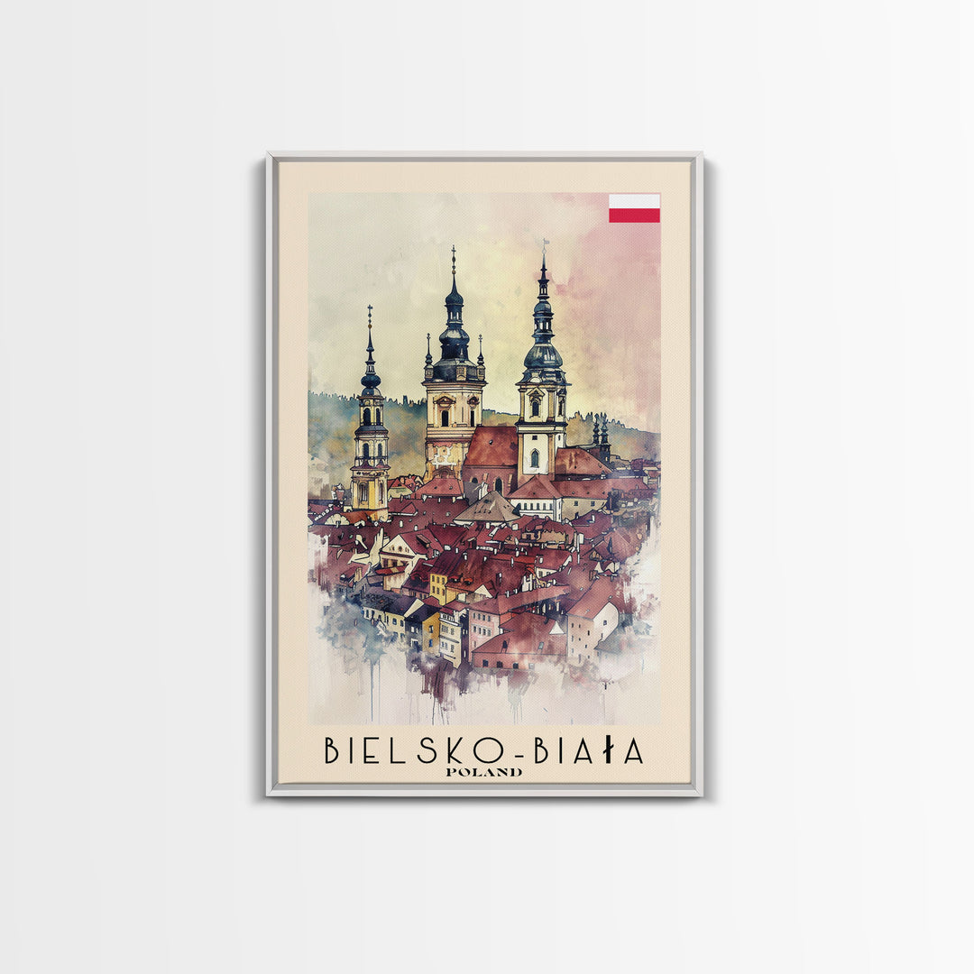 Bielsko-Biała Poland Travel Poster Framed Canvas Print, Watercolor Painting, Wall Art, Home Decor, Travel Print, Historic Cityscape