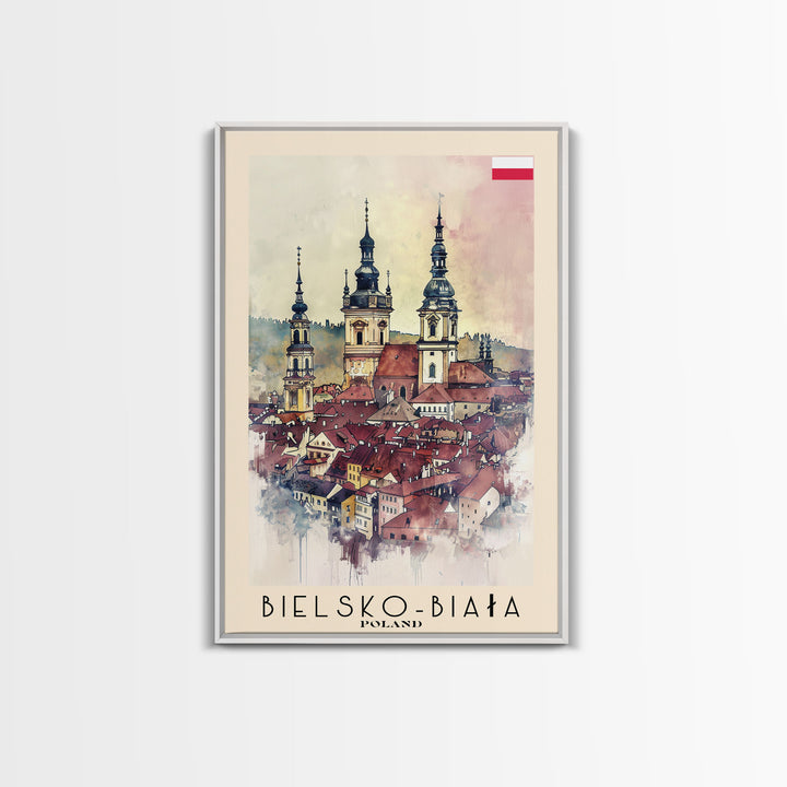 Bielsko-Biała Poland Travel Poster Framed Canvas Print, Watercolor Painting, Wall Art, Home Decor, Travel Print, Historic Cityscape