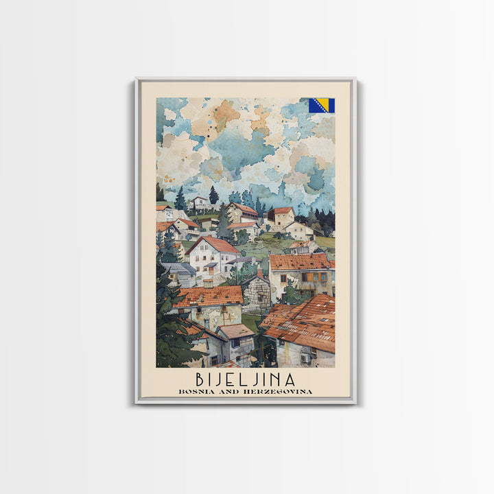 Bijeljina Bosnia and Herzegovina Travel Poster Framed Canvas Print, Watercolor Art, Home Decor, Wall Art, Travel Print
