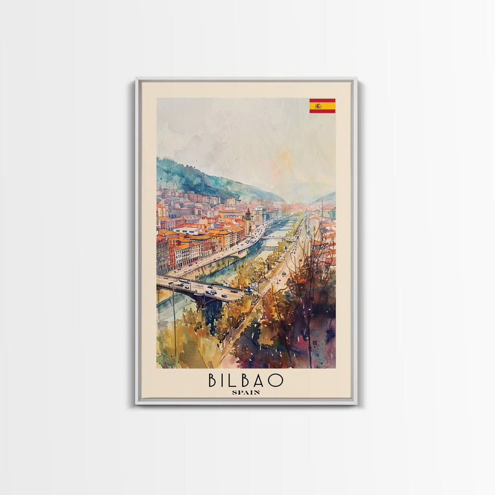 Bilbao Spain Travel Poster Framed Canvas Print, Watercolor Painting, Wall Art, Home Decor, Scenic Travel Print, Cityscape Art