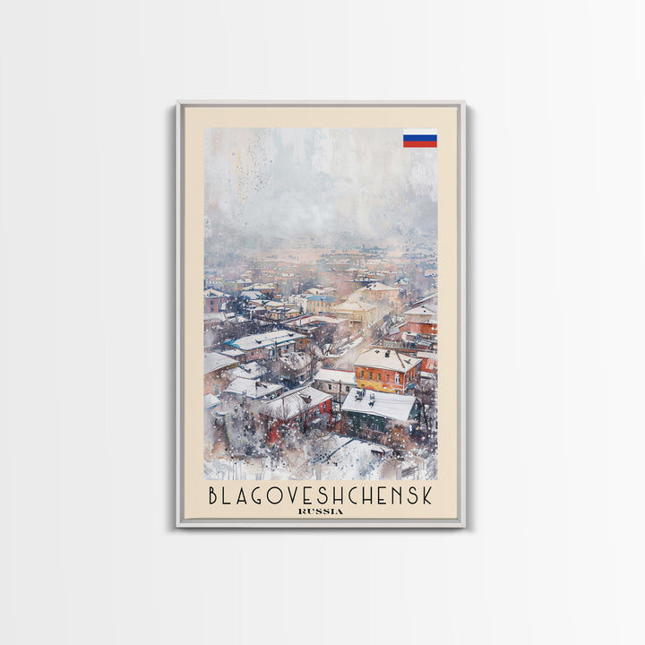 Blagoveshchensk Russia Travel Poster Framed Canvas Print, Wall Art, Home Decor, Travel Print, Winter Scene, Original Art