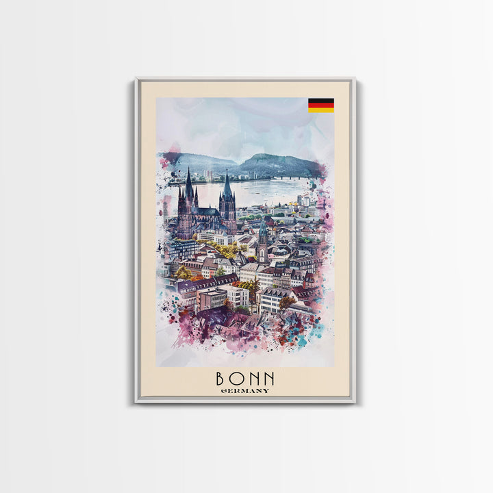 Bonn Germany Travel Poster Framed Canvas Print, Wall Art, Home Decor, Travel Print, River View, Watercolor Painting, Original Art