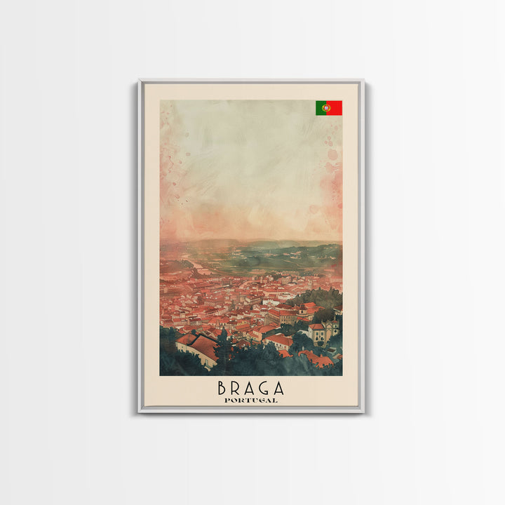 Braga Portugal Travel Poster Framed Canvas Print, Wall Art, Home Decor, Travel Print, Sunset Scene, Boho Art, Original Art