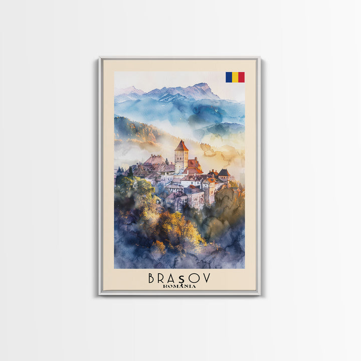 Bra?ov Romania Travel Poster Framed Canvas Print, Wall Art, Home Decor, Travel Print, Mountain View, Watercolor Painting, Original Art
