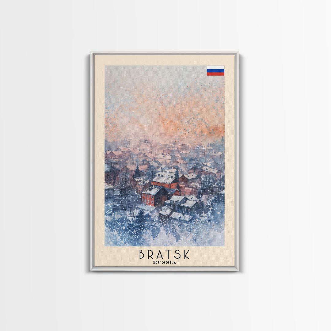 Bratsk Russia Travel Poster Framed Canvas Print, Winter Scene, Wall Art, Home Decor, Travel Print, Abstract Watercolor, Minimalist Art
