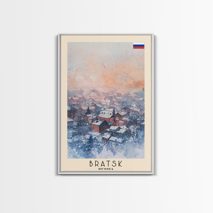 Bratsk Russia Travel Poster Framed Canvas Print, Winter Scene, Wall Art, Home Decor, Travel Print, Abstract Watercolor, Minimalist Art