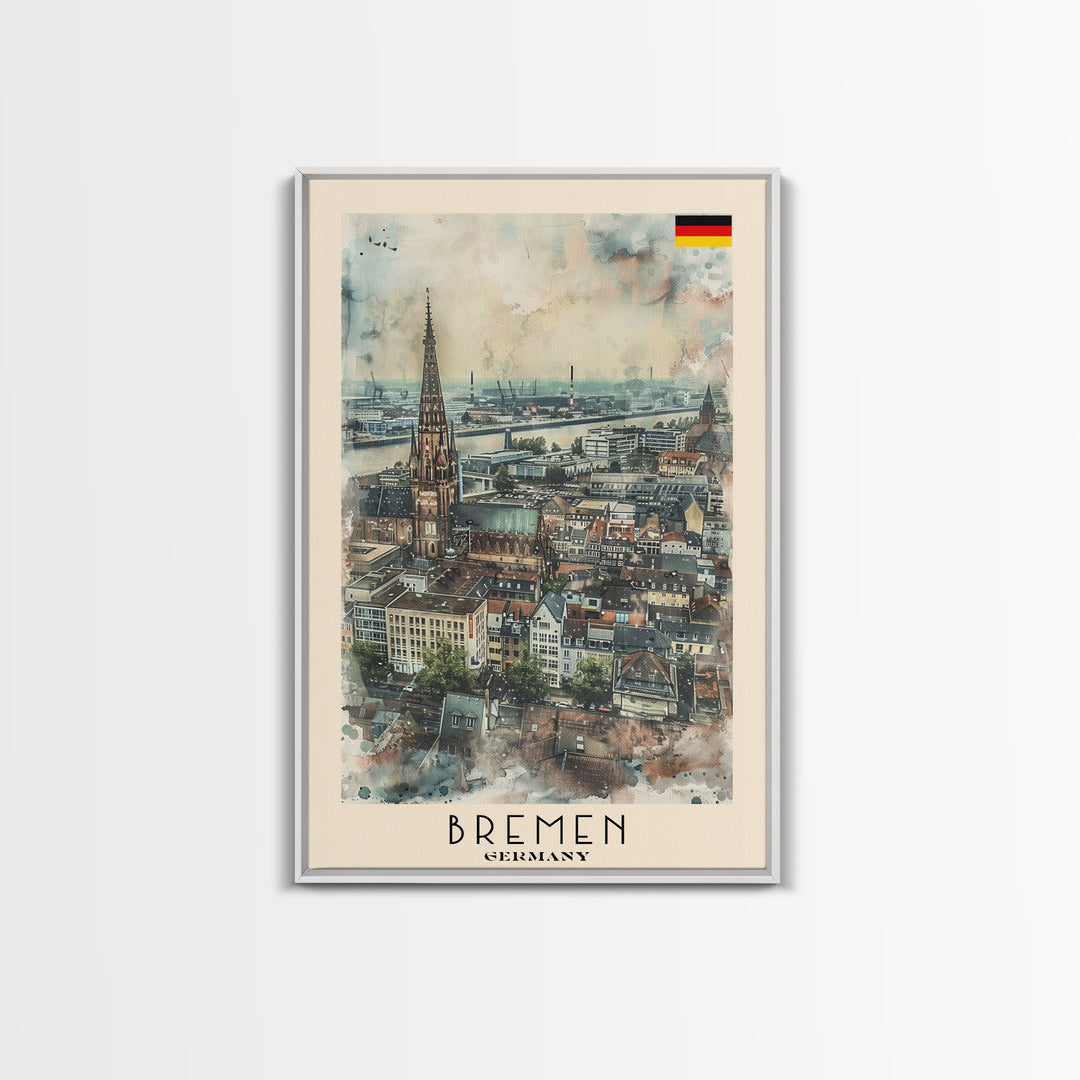 Bremen Germany Travel Poster Framed Canvas Print, Cityscape Art, Wall Decor, Travel Print, Watercolor Painting, Urban Scene, Minimalist Art