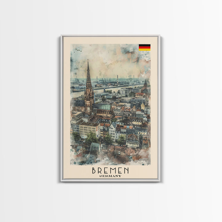 Bremen Germany Travel Poster Framed Canvas Print, Cityscape Art, Wall Decor, Travel Print, Watercolor Painting, Urban Scene, Minimalist Art