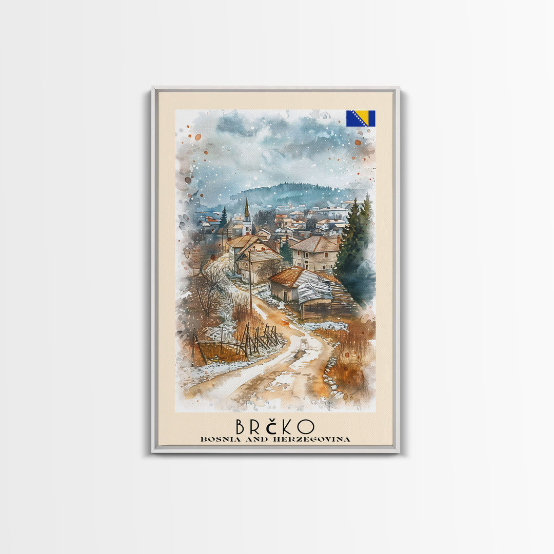 Brčko Bosnia Travel Poster Framed Canvas Print, Cityscape Art, Wall Decor, Travel Print, Watercolor Painting, Urban Scene Art