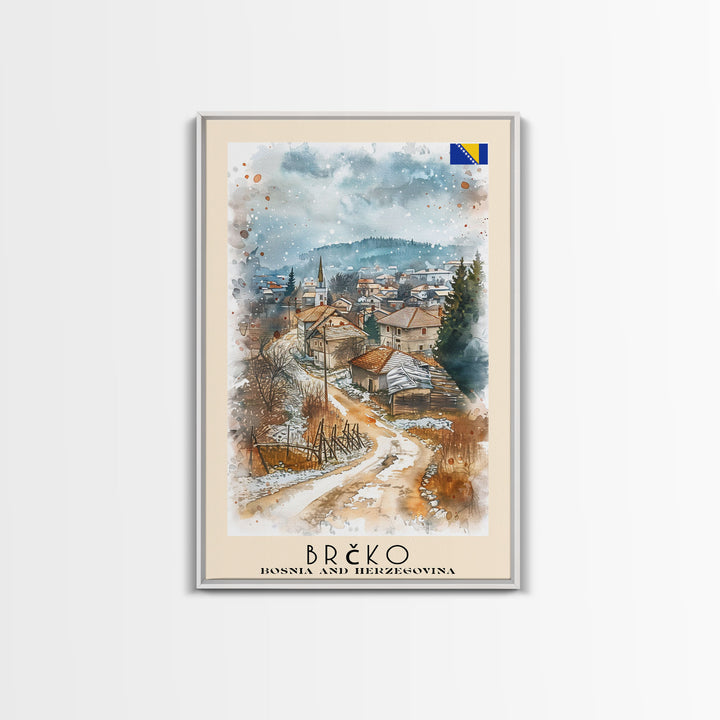 Brčko Bosnia Travel Poster Framed Canvas Print, Cityscape Art, Wall Decor, Travel Print, Watercolor Painting, Urban Scene Art