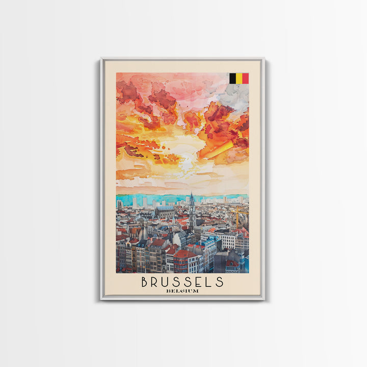 Brussels Belgium Travel Poster Framed Canvas Print, Abstract Sunset, Wall Art, Modern Home Decor, Travel Print, Watercolor Painting, Art Piece