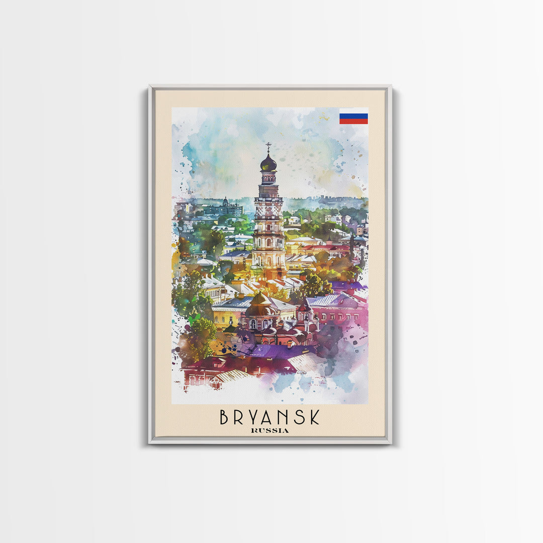 Bryansk Russia Travel Poster Framed Canvas Print, Watercolor Painting, Urban Scene, Wall Art, Home Decor, Bedroom Art, Minimalist Travel Print