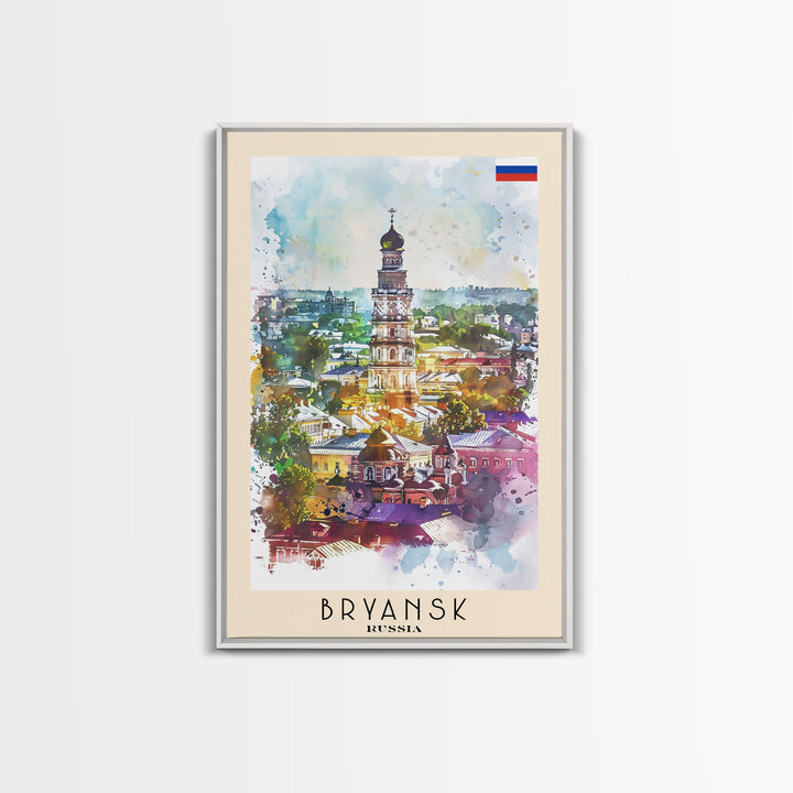 Bryansk Russia Travel Poster Framed Canvas Print, Watercolor Painting, Urban Scene, Wall Art, Home Decor, Bedroom Art, Minimalist Travel Print