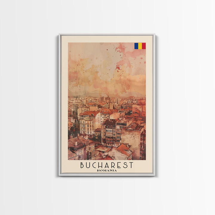 Bucharest Romania Travel Poster Framed Canvas Print, Abstract Cityscape, Boho Wall Art, Home Decor, Living Room Art, Watercolor Painting, Original Art