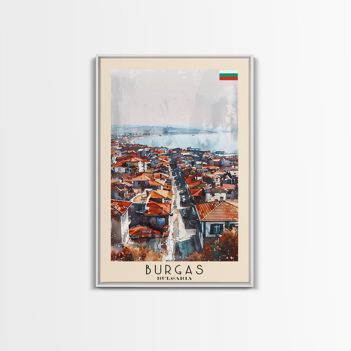 Burgas Bulgaria Travel Poster Framed Canvas Print, Coastal Cityscape, Watercolor Painting, Wall Art, Home Decor, Minimalist Travel Print, Urban Scene