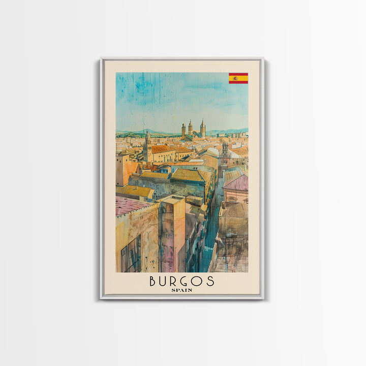 Burgos Spain Travel Poster Framed Canvas Print, Watercolor Cityscape, Wall Art, Home Decor, Living Room Art, Travel Print, Boho Style, Art Piece