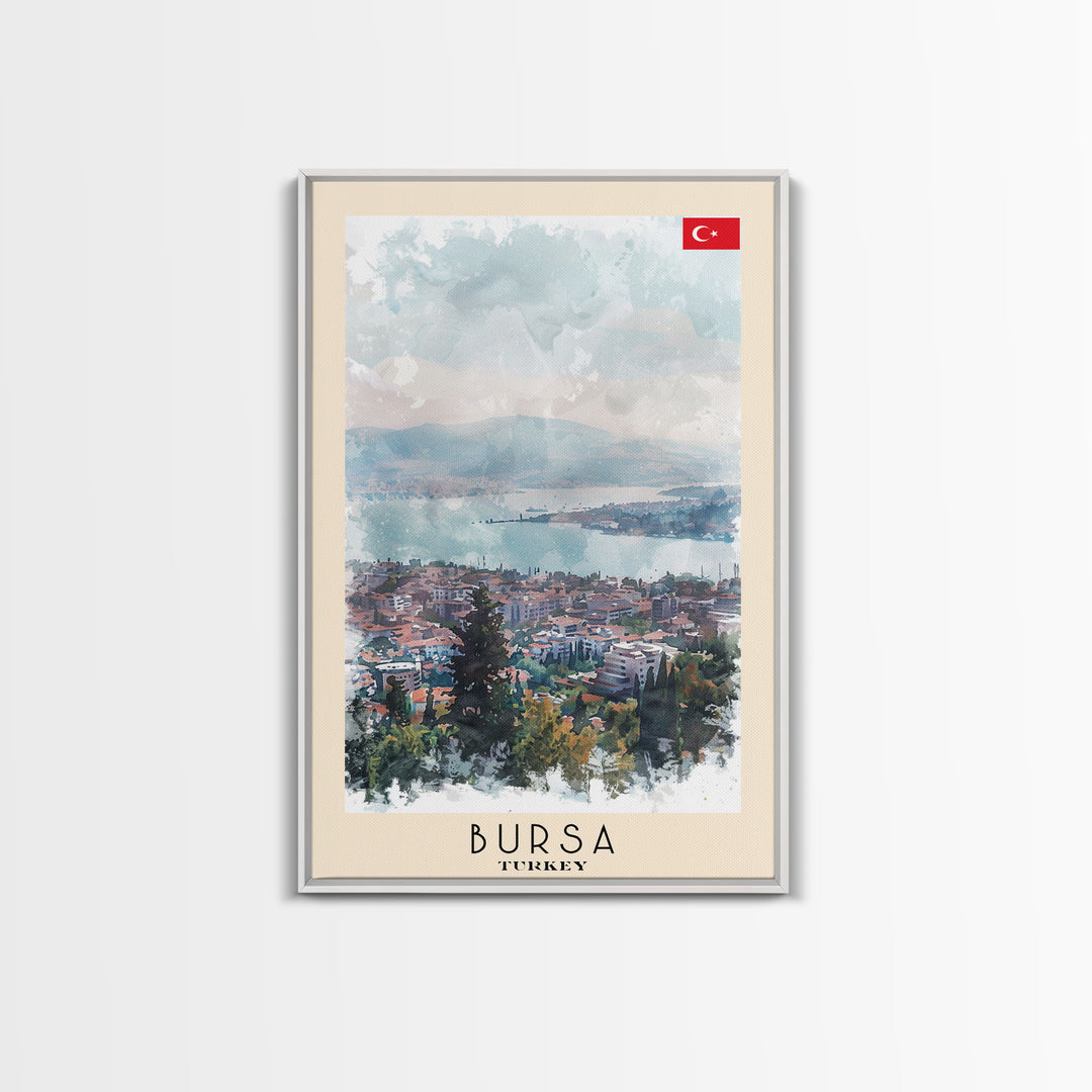 Bursa Turkey Travel Poster Framed Canvas Print, Watercolor Landscape, Wall Art, Home Decor, Travel Print, Minimalist Art, Urban Scene