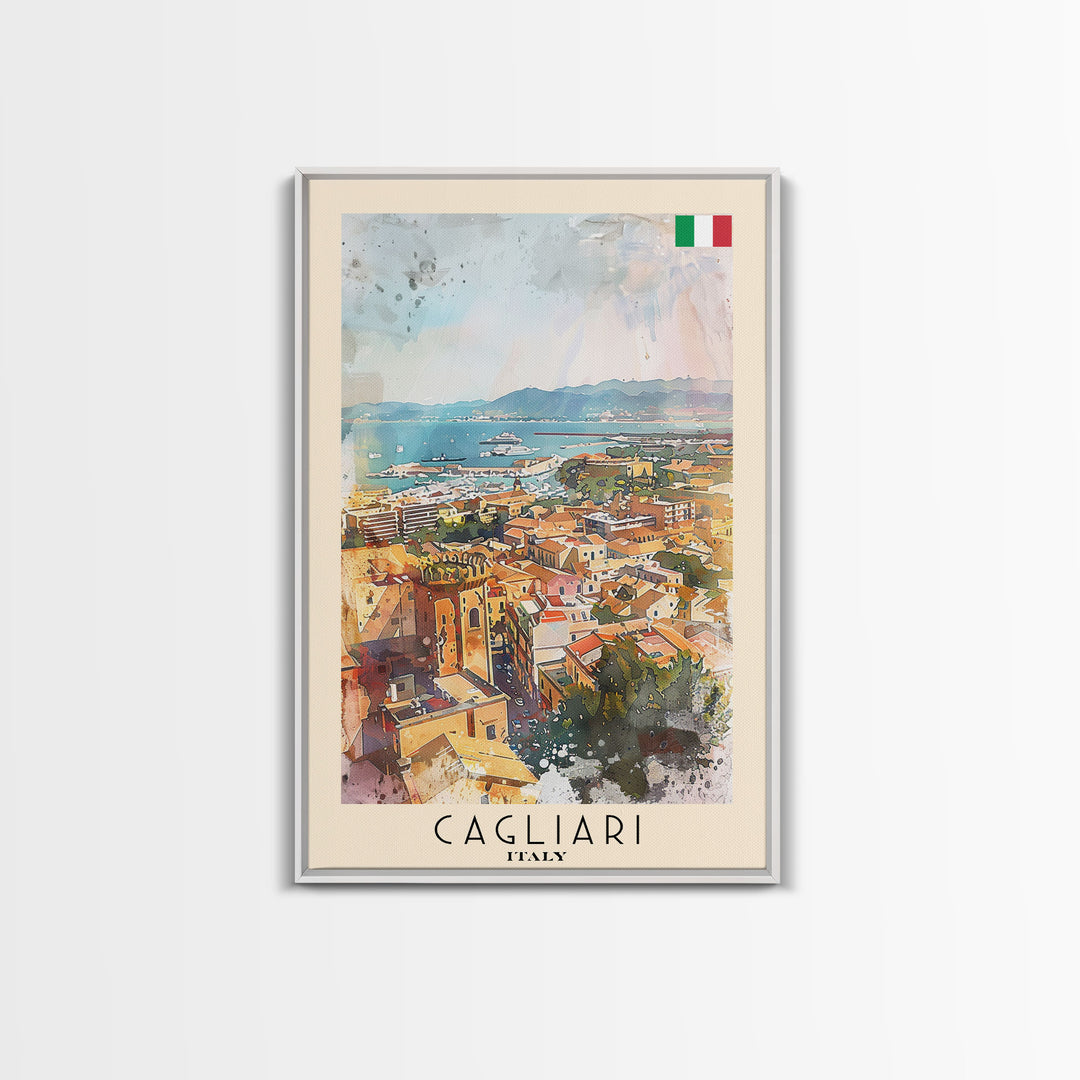 Cagliari Italy Travel Poster Framed Canvas Print, Wall Art, Home Decor, Travel Print, Vacation Gift, Watercolor Painting, Original Art