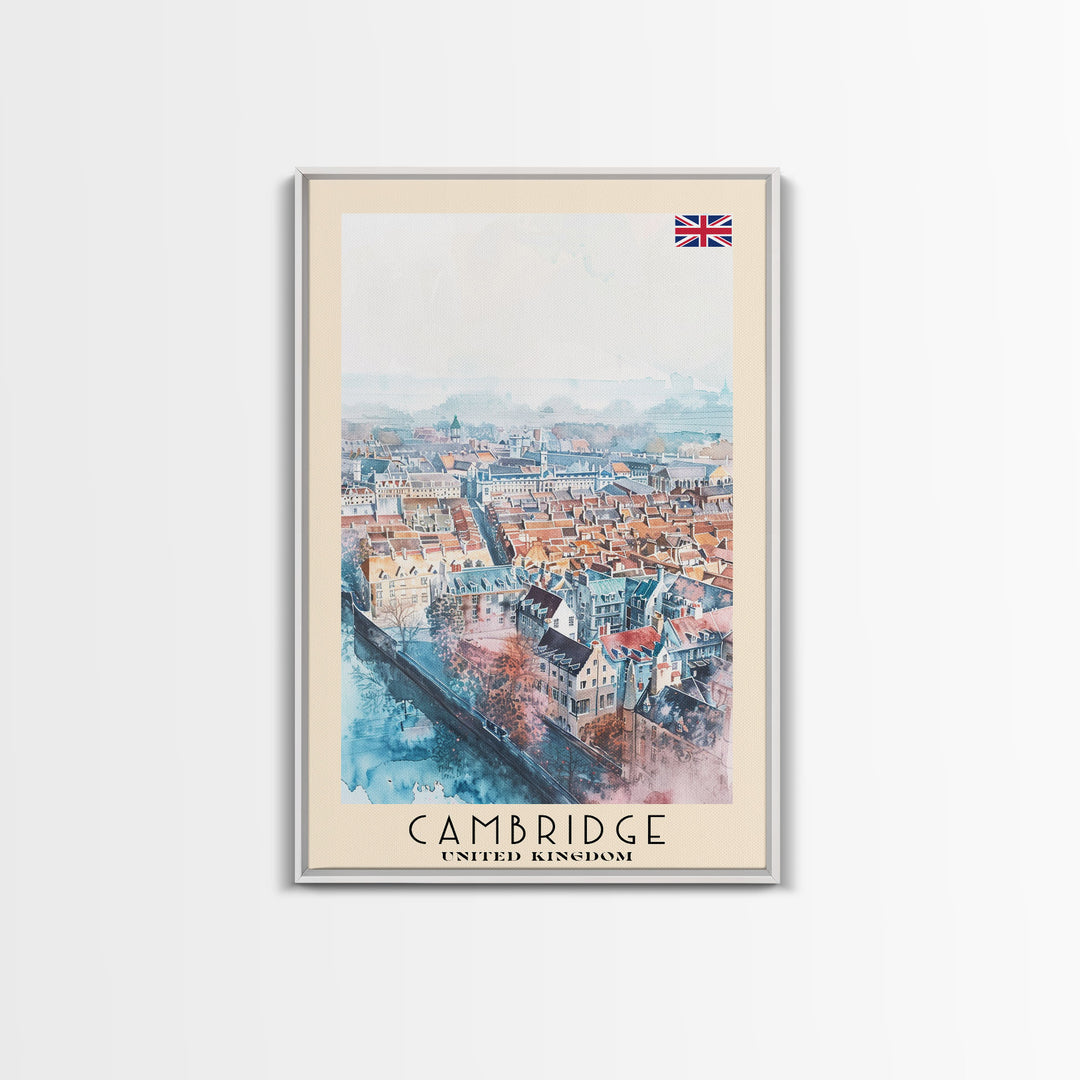 Cambridge United Kingdom Travel Poster Framed Canvas Print, Wall Art, Home Decor, Travel Print, Vacation Gift, Watercolor Painting, Original Art