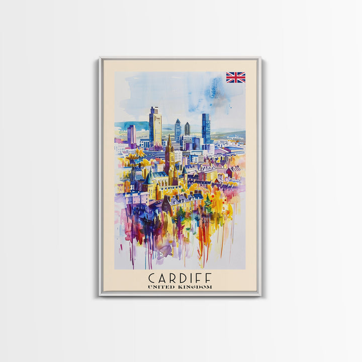 Cardiff United Kingdom Travel Poster Framed Canvas Print, Wall Art, Home Decor, Travel Print, Vacation Gift, Watercolor Painting, Original Art