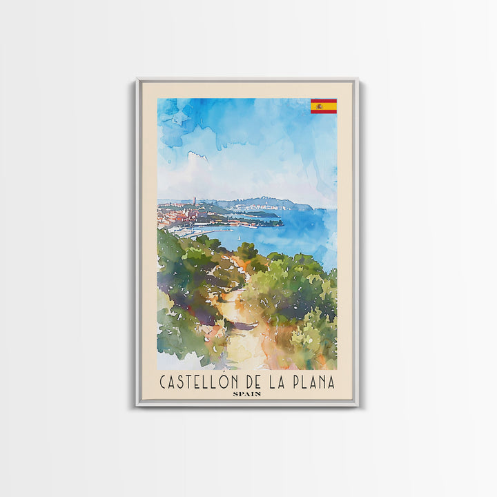 Castellón de la Plana Spain Travel Poster Framed Canvas Print, Wall Art, Home Decor, Travel Print, Vacation Gift, Watercolor Painting, Original Art