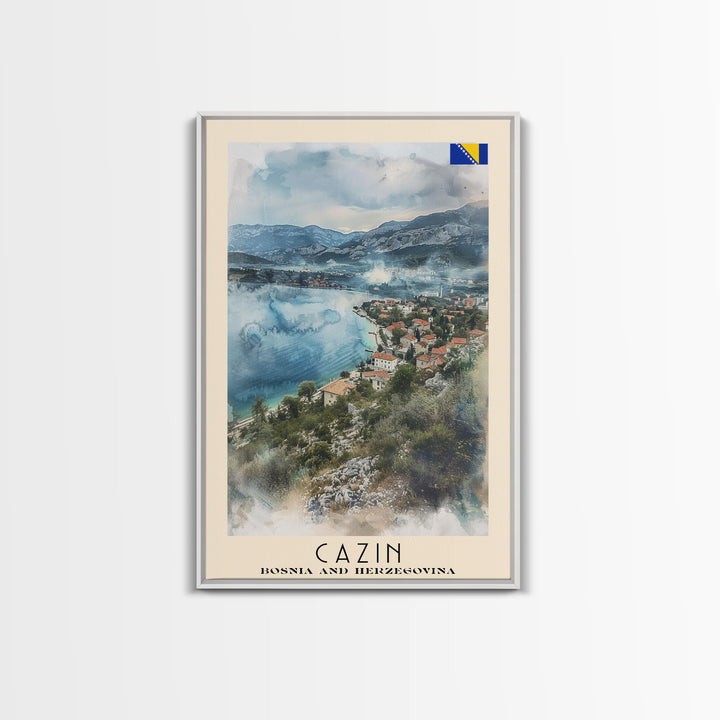 Cazin Bosnia and Herzegovina Travel Poster Framed Canvas Print, Wall Art, Home Decor, Travel Print, Vacation Gift, Watercolor Painting, Original Art