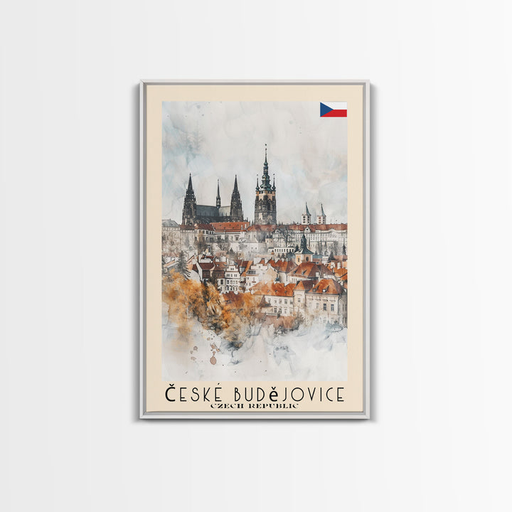 České Budějovice Czech Republic Travel Poster Framed Canvas Print, Wall Art, Home Decor, Travel Print, Vacation Gift, Watercolor Painting, Original Art
