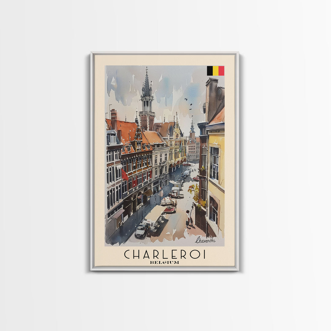 Charleroi Belgium Travel Poster Framed Canvas Print, Wall Art, Home Decor, Travel Print, Vacation Gift, Watercolor Painting, Original Art