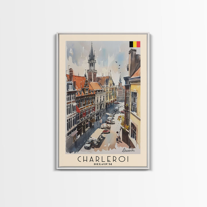 Charleroi Belgium Travel Poster Framed Canvas Print, Wall Art, Home Decor, Travel Print, Vacation Gift, Watercolor Painting, Original Art