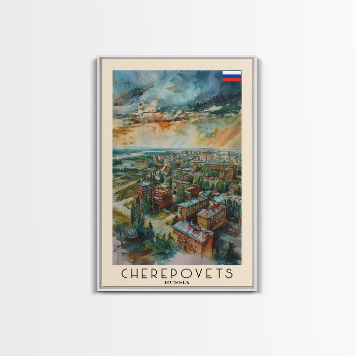 Cherepovets Russia Travel Poster Framed Canvas Print, Wall Art, Home Decor, Travel Print, Abstract Watercolor Painting, Original Art