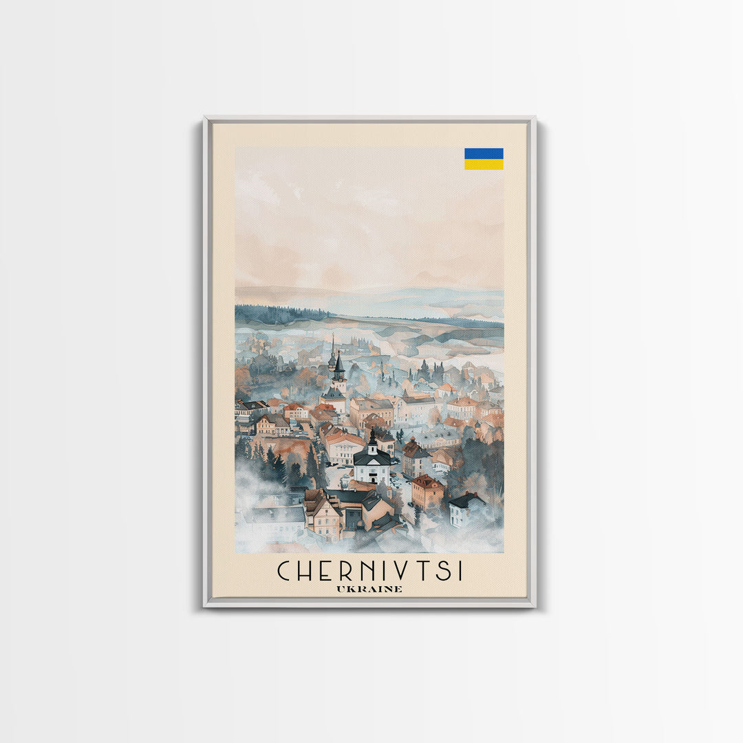 Chernivtsi Ukraine Travel Poster Framed Canvas Print, Wall Art, Home Decor, Travel Print, Minimalist Watercolor Painting, Original Art