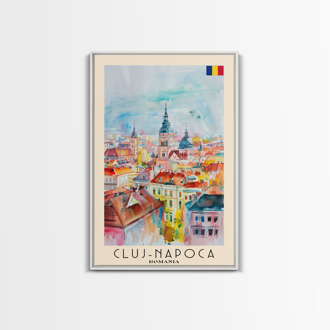 Cluj-Napoca Romania Travel Poster Framed Canvas Print, Wall Art, Home Decor, Travel Print, Boho Watercolor Painting, Original Art