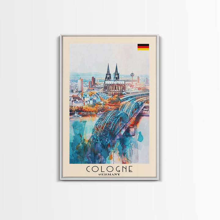 Cologne Germany Watercolor Travel Poster, Wood Framed Canvas Print, Boho Wall Art, Living Room Decor, Original Artwork, Cityscape Home Decor, Travel Print