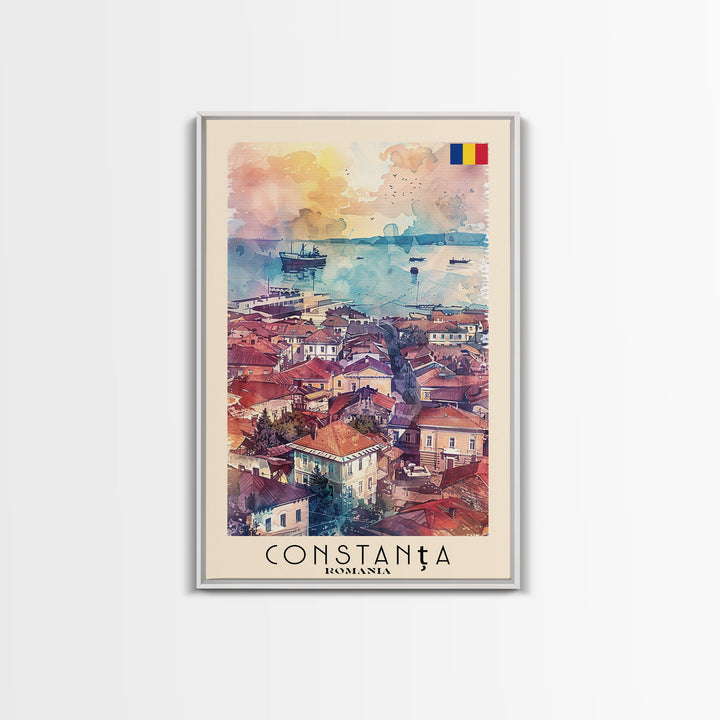 Constanta Romania Framed Canvas Print, Travel Poster Art, Watercolor Painting, Coastal Cityscape Wall Art, Home Decor, Living Room Artwork, Travel Print