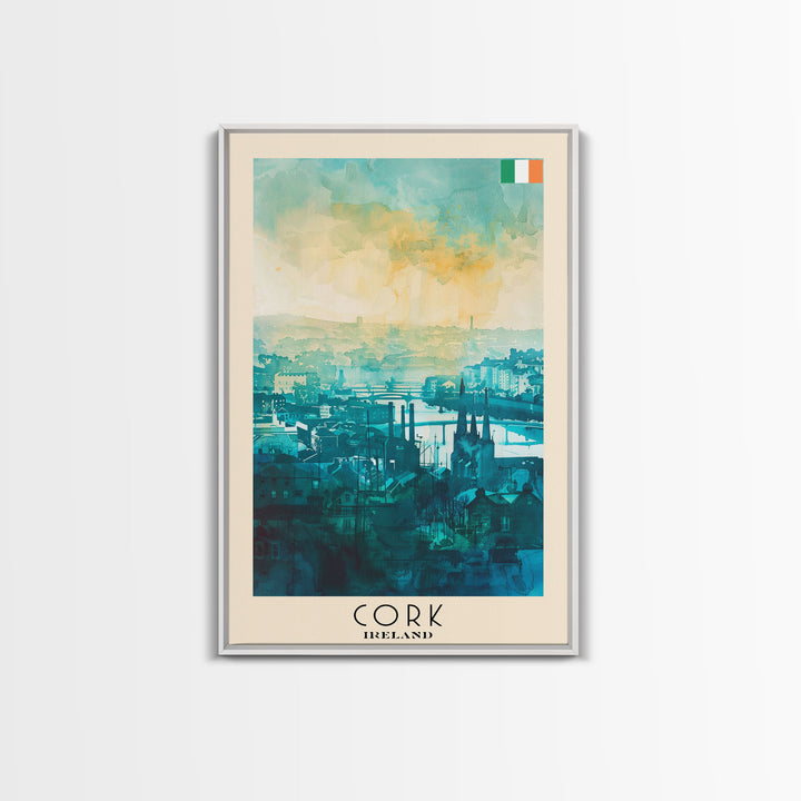 Cork Ireland Watercolor Travel Poster, Framed Canvas Print, Cityscape Wall Art, Home Decoration, Living Room Decor, Original Artwork, Travel Print