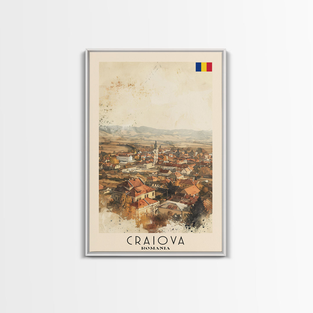 Craiova Romania Watercolor Cityscape, Framed Canvas Print, Travel Poster Art, Home Decor, Living Room Wall Art, Original Painting, Travel Print