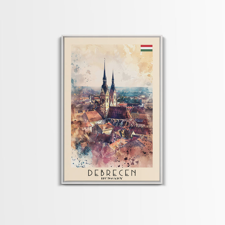 Debrecen Hungary Travel Poster, Framed Canvas Print, Watercolor Cityscape, Home Decor, Living Room Wall Art, Original Painting, Travel Print