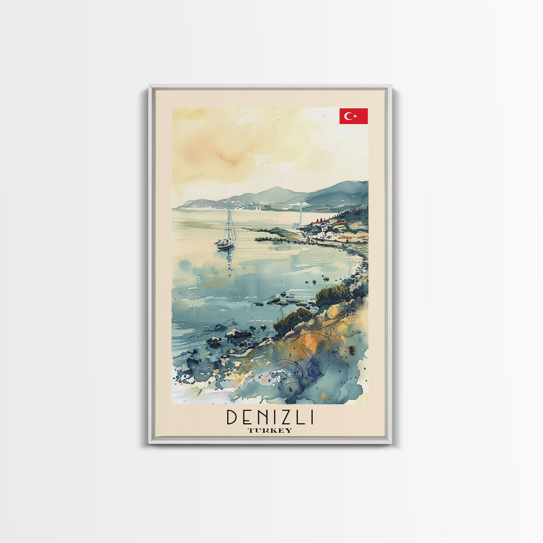 Denizli Turkey Watercolor Travel Poster, Framed Canvas Print, Coastal Cityscape Wall Art, Home Decor, Living Room Decoration, Original Artwork, Travel Print