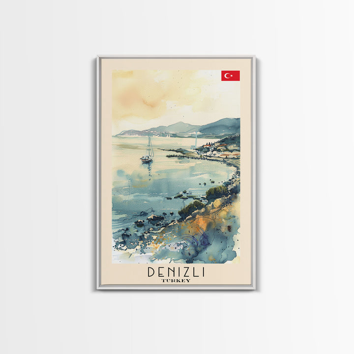Denizli Turkey Watercolor Travel Poster, Framed Canvas Print, Coastal Cityscape Wall Art, Home Decor, Living Room Decoration, Original Artwork, Travel Print