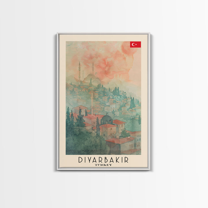 Diyarbakir Turkey Cultural Heritage Framed Canvas Print, Vintage Travel Poster, Turkish Watercolor Art, Exotic Home Decor, Historical Wall Art, Living Room Display