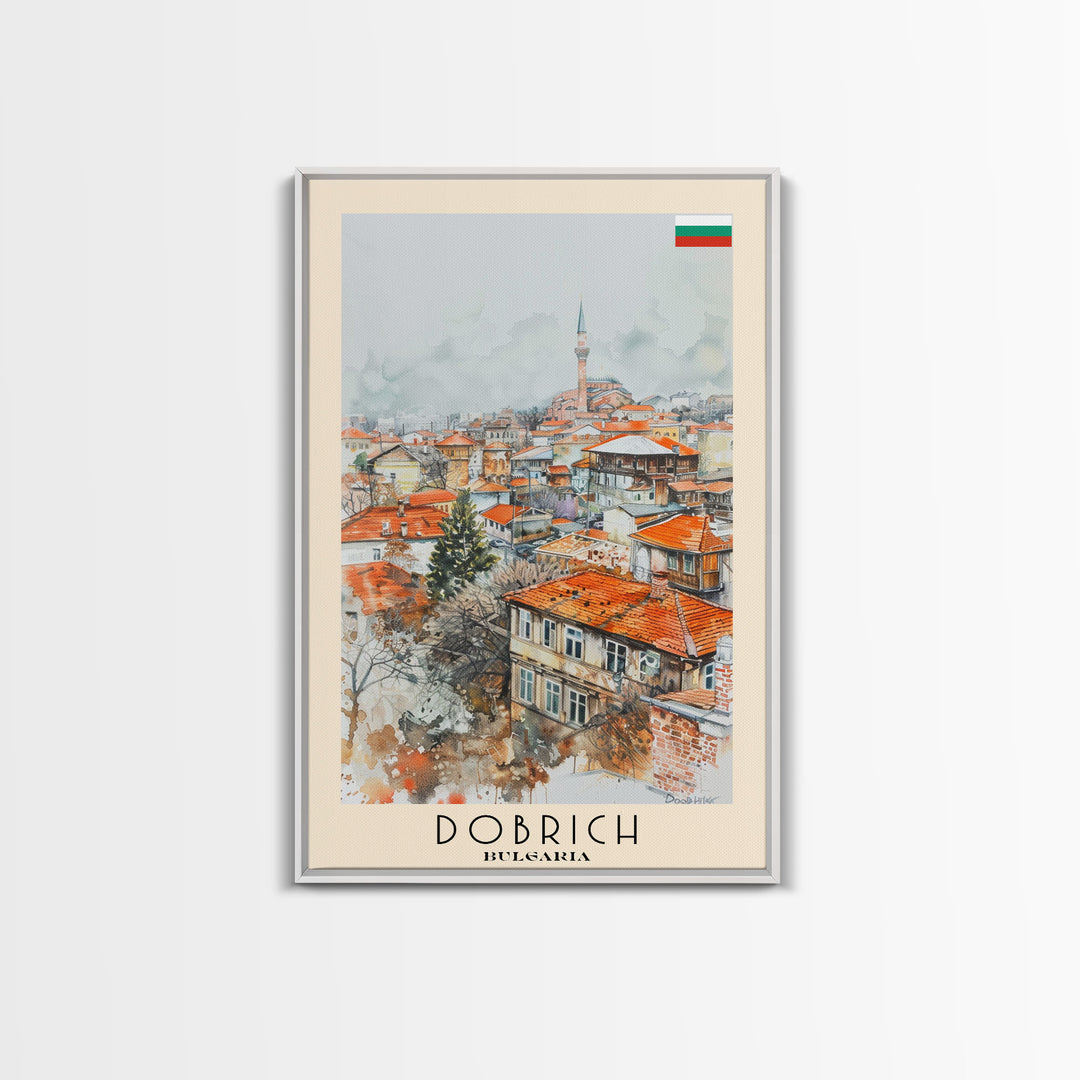 Dobrich Bulgaria Quaint Town Framed Canvas Print, Watercolor Travel Poster, Bulgarian Village Art, Rustic Home Decor, Vintage Wall Art, Living Room Enhancement
